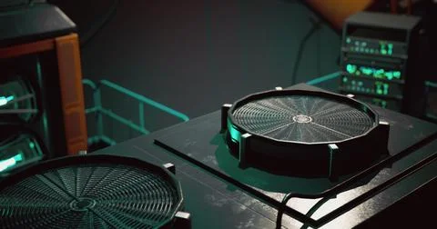 High tech cooling system setup in a modern computing lab during evening hours Stock Illustration