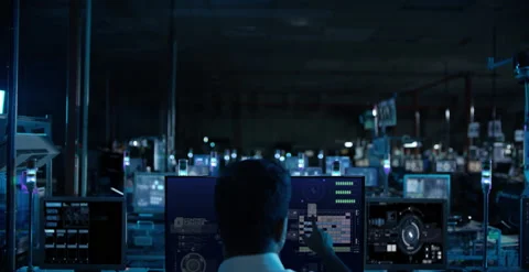 High Tech Dark Secret Lab Laboratory with many computer man touch screen HUD Stock Footage 219936914