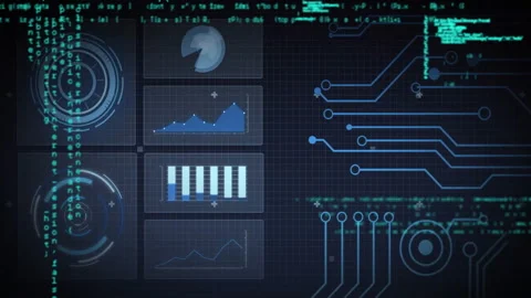 High-tech dashboard showing streaming code, HUD graphics, circuit lines around Stock Footage 309342666