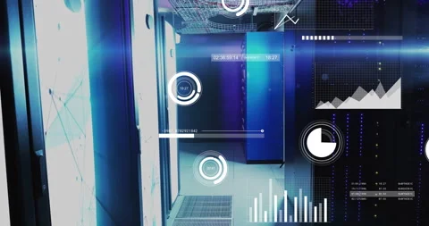 In high-tech data center, animation showing data processing over servers 库存影片 304203971