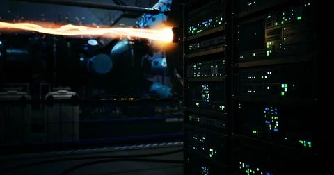 High tech data center with energy surge and active machinery in background Illustrazione stock