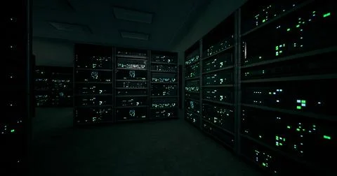 High tech data center filled with illuminated server racks at night Stock Illustration