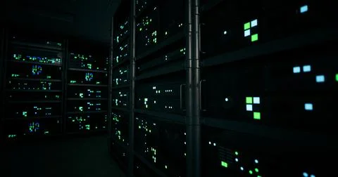 High tech data center with illuminated servers in a dim environment イラスト素材