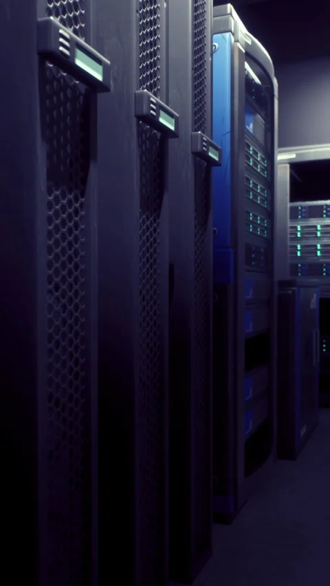 High tech data center with server racks and blue lighting at night Stock Footage 317092756