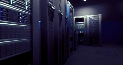 High tech data center with server racks and blue lighting at night 库存影片 326315060