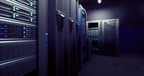 High tech data center with server racks and blue lighting at night Stock Illustration