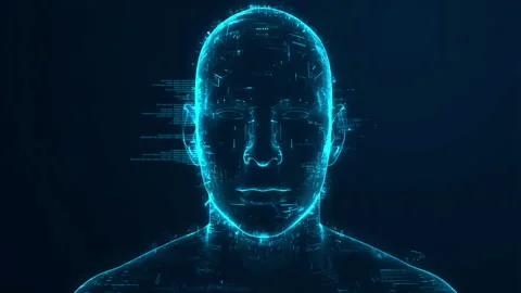 High-tech data portrait integrating visuals created via generative digital image Stock Footage 312631038