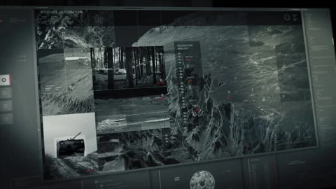 High Tech Data Tracking Network Scans Mountainous Terrain For Military Target Stock Footage 309954777