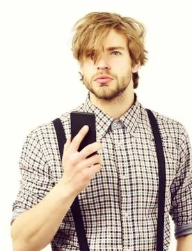High tech development concept. Man with mobile phone Stock Photos