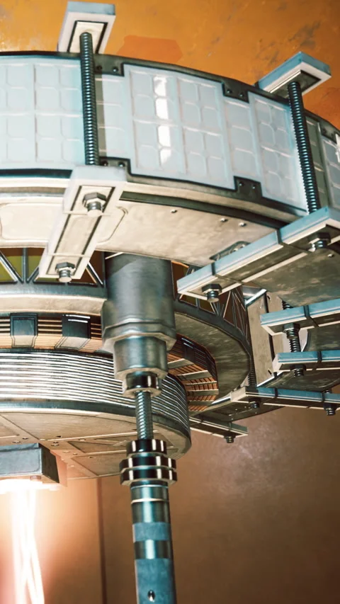 High tech device in a lab generates energy with rotating components Stock Footage 339781801