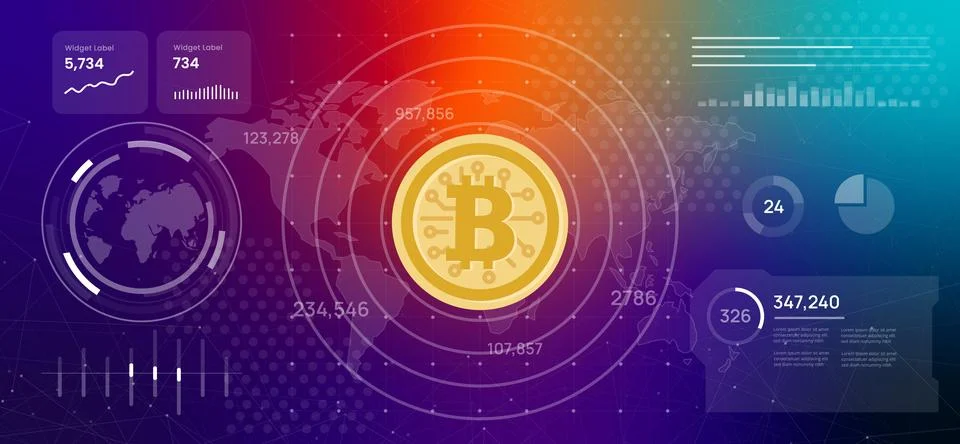 High tech digital dashboard Bitcoin symbol surrounded by data analytics Stock Illustration