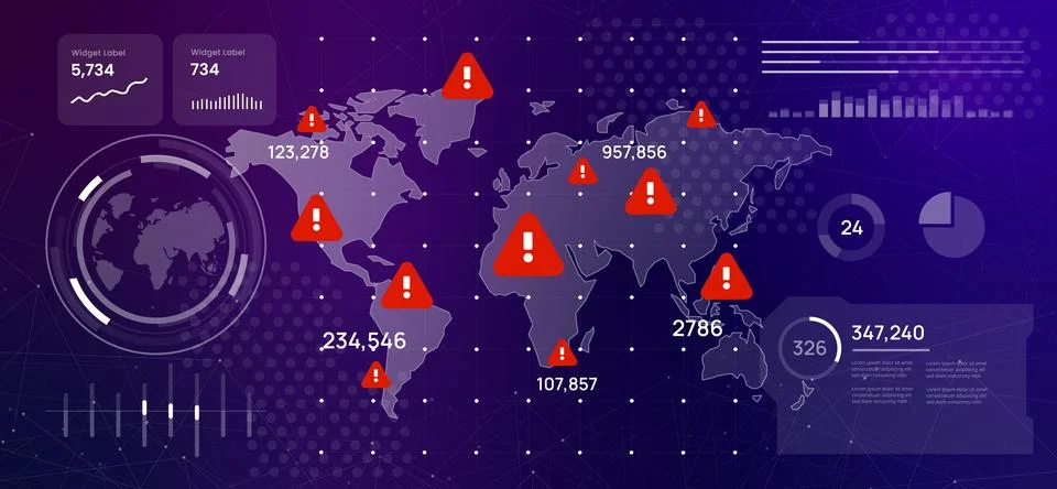 High-tech digital dashboard displaying a world map with red warning signs Stock Illustration