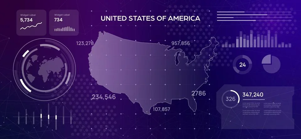 High-tech digital dashboard featuring a map of the United States Stock-Illustration