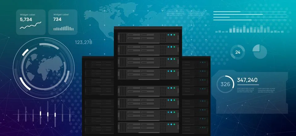 High tech digital dashboard featuring a server rack global data centers and Stock Illustration