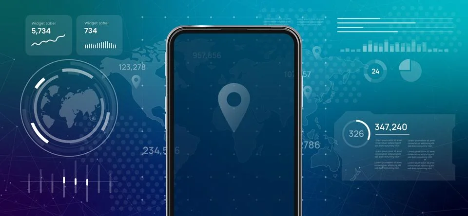 High tech digital dashboard with a world map large blank smartphone screen Stock Illustration