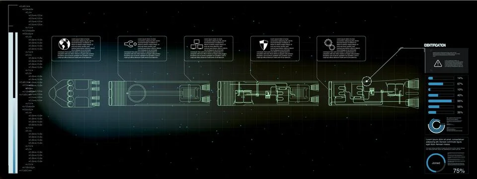 High tech digital display showing a detailed engineering blueprint with infog Stock-Illustration