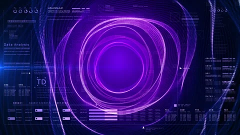 High-tech digital interface with circular purple data streams, AI terms. Stock Footage 327947520