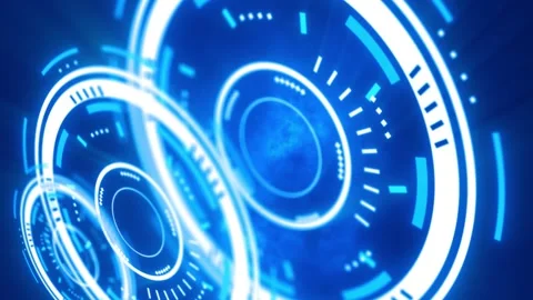 High-tech digital interface with concentric glowing circles and data elements Stock Footage 318309449