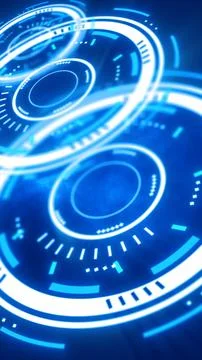 High-tech digital interface with concentric glowing circles and data elements Stock Photos