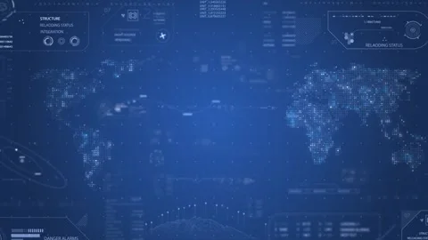High-Tech Digital Interface with World Map and HUD Elements in Blue Hue Stock Footage 341922182