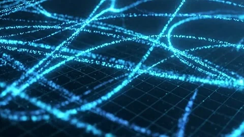 High-Tech Digital Particles Flow on Dark Grid with Blue and Cyan Glowing Tra Stock Footage 333632419