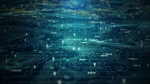 High-tech digital topographic map with glowing data points, GPS markers, Stock Footage 310866083
