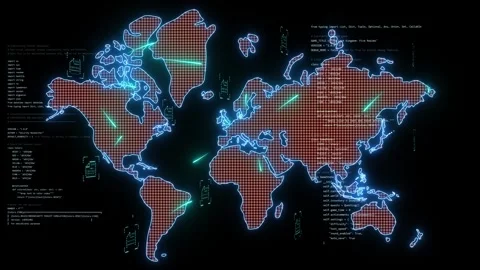 A high-tech digital world map glowing with neon outlines, symbolizing global Stock-Footage 308400300