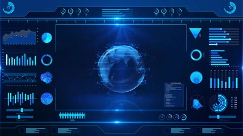High tech digital world map features data points, graphs, global network connect Stock Footage 342785369