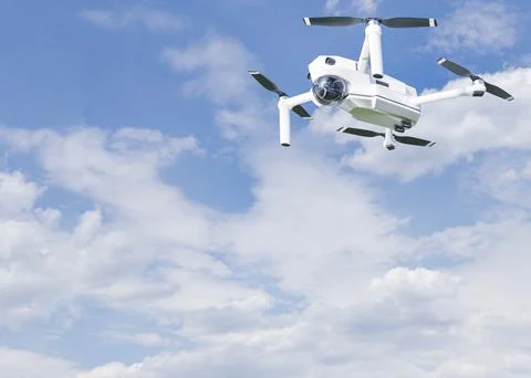 The high-tech drone flying in the sky. Drone with professional camera takes Stockillustratie