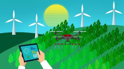 High tech drone spraying crops, Agriculture drone fly to sprayed fertilizer Stock Illustration