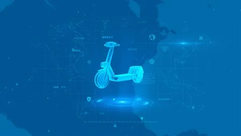 High-Tech Electric Scooter Planning on Global Digital Blueprint World Map Иллюстрация