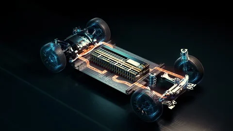 High tech electric vehicle chassis with battery pack. Stockbeeldmateriaal 328521141