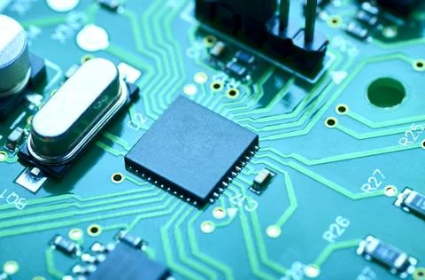 High-tech electronic board with processor and electronic components Stock Photos