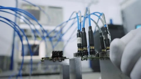 High-tech electronic cable testing process in a modern industrial production  Stock Footage 331891612