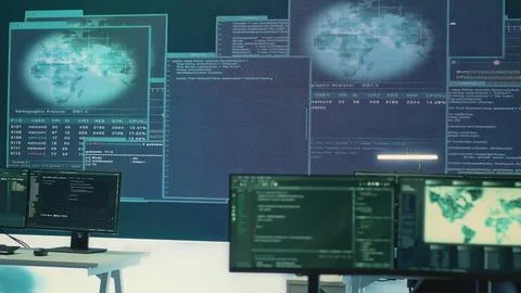 High tech empty surveillance room for cyber security monitoring Foto stock