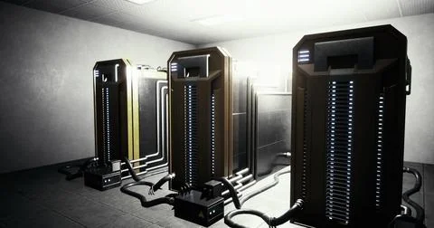 High tech energy storage units in a modern facility with bright lighting Stock Illustration