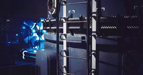 High tech environment showcasing machinery and futuristic elements at night Illustrazione stock