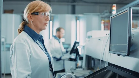On High Tech Factory Female Engineer Uses Computer for Programing Robotic Arm 스톡 동영상 98192381