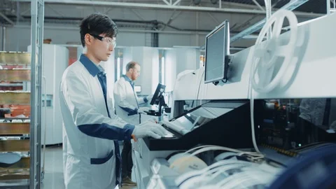 On High Tech Factory Worker Load Reels into Pick and Place Machine Uses Computer Stock Footage 98191474