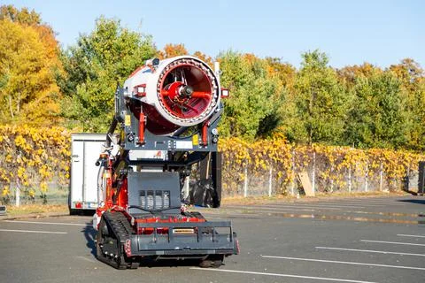 High-tech firefighting robot with a hose for extinguishing fires Stock Photos