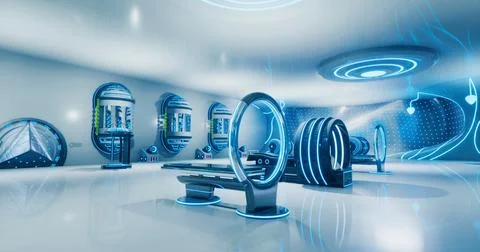 High tech fitness studio featuring futuristic workout equipment and design Stock Illustration