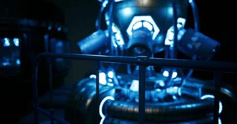 High tech futuristic machine in a dark room with glowing blue lights Stock Illustration