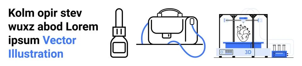 High-Tech Gadgets Glue Bottle, Handbag, and 3D Printer in Line Art Stock Illustration