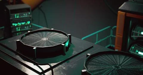 High tech gaming setup featuring illuminated cooling fans and equipment Stock Illustration