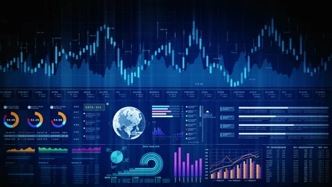 High-tech global financial dashboard with charts, graphs, and a world map Stock Footage 320031889
