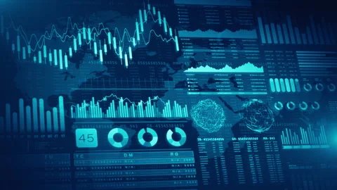 High-tech global market dashboard featuring analytics, line graphs, bar Video stock 307802881