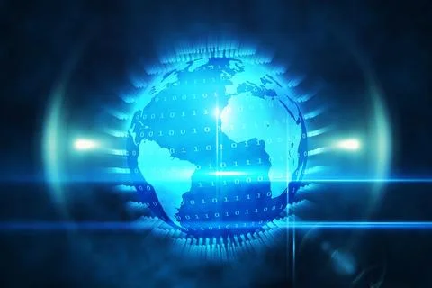 High-tech globe rotating in dark virtual space, showing binary code overlay, Stock Illustration