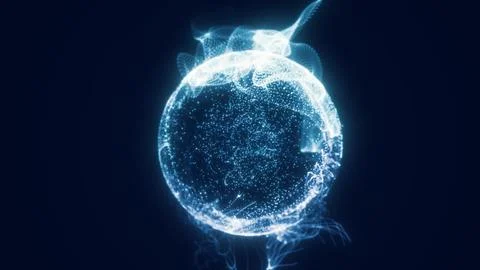 High-tech glowing sphere with blue digital particles forming complex structur Stock Illustration
