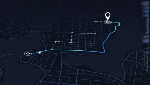 High tech gps screen displaying travel path, estimated time, and metrics Stock Illustration