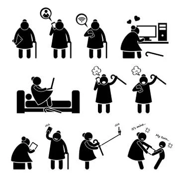 High Tech Granny Elderly Old Woman Using Computer and Smartphone Stick Figure Pi Stock Illustration